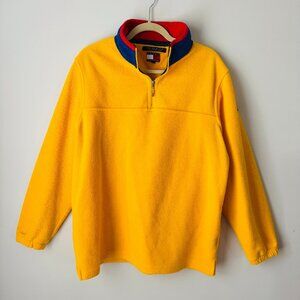 VTG Tommy Hilfiger Yellow Fleece Pullover Quarter Zip Mens L 90s Blue Red Collar